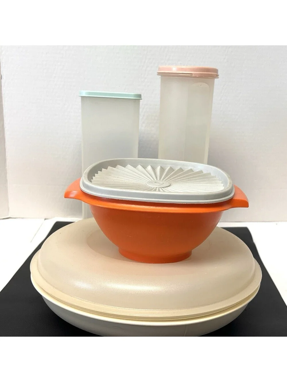 4 Vtg Tupperware Mixed- Orange 840-G, 5 Comp Tray 1709-6, Spaghetti, Velveeta